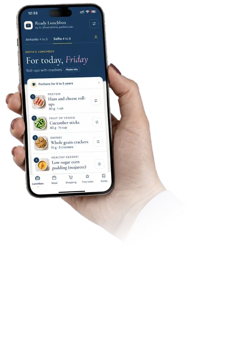 The Ready Lunchbox app on a phone, showing tomorrow's lunchbox